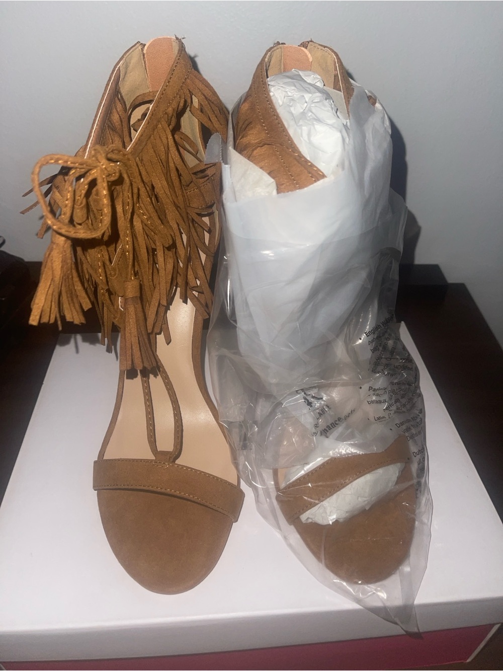 JustFab Tan Fringe Ankle-Tie Heels